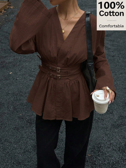 Siren Gaze Double-Breasted,Double-Cinched Waist Long Sleeve Shirt,Coffee Brown,Autumn Elegant Brunch Soft & Skin-Friendly Work Holiday Resort Top
