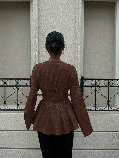 Siren Gaze Double-Breasted,Double-Cinched Waist Long Sleeve Shirt,Coffee Brown,Autumn Elegant Brunch Soft & Skin-Friendly Work Holiday Resort Top