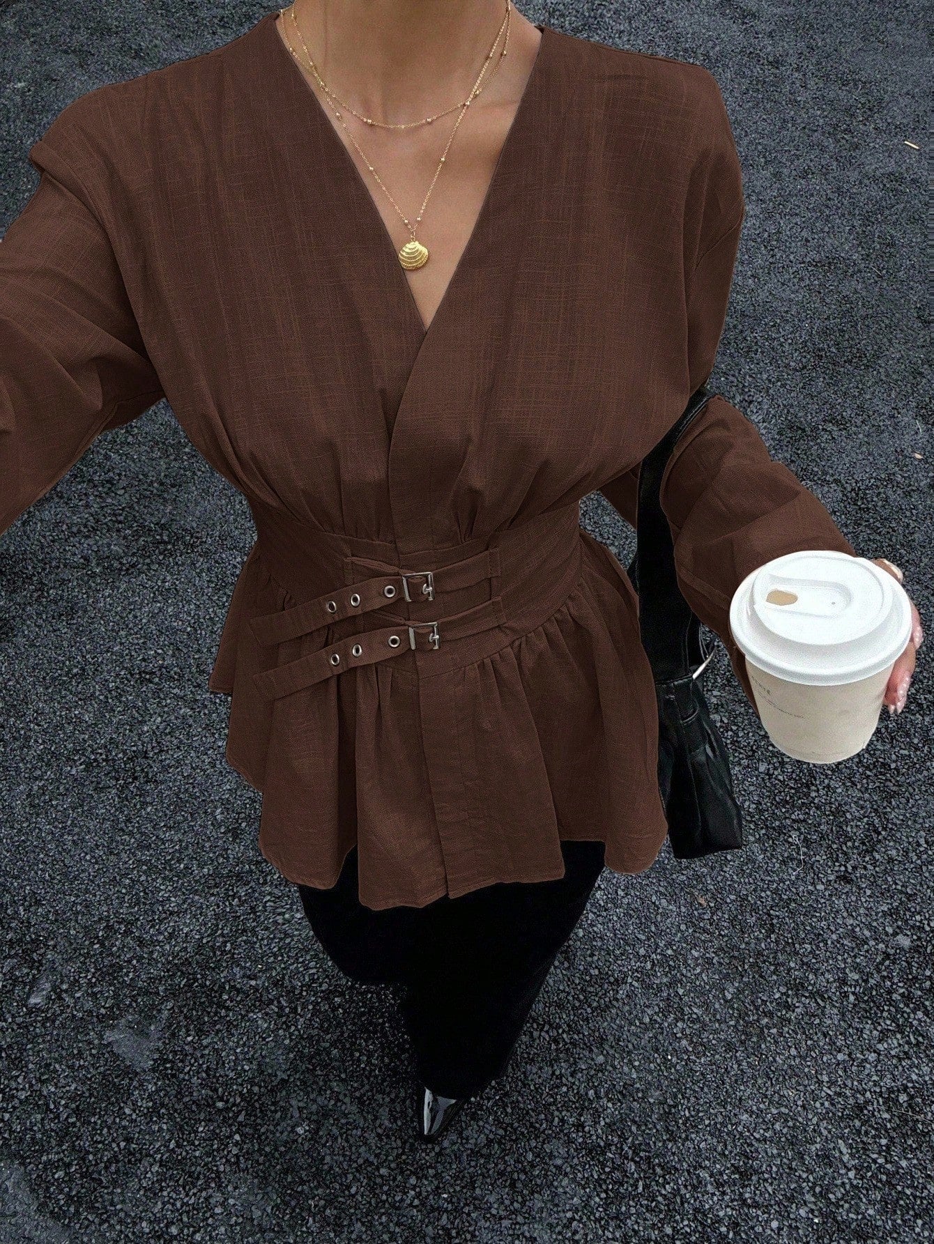 Siren Gaze Double-Breasted,Double-Cinched Waist Long Sleeve Shirt,Coffee Brown,Autumn Elegant Brunch Soft & Skin-Friendly Work Holiday Resort Top