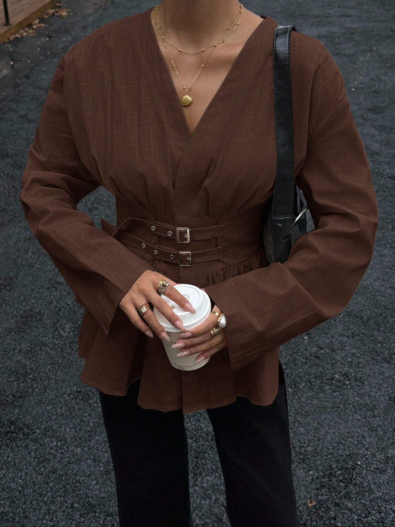 Siren Gaze Double-Breasted,Double-Cinched Waist Long Sleeve Shirt,Coffee Brown,Autumn Elegant Brunch Soft & Skin-Friendly Work Holiday Resort Top
