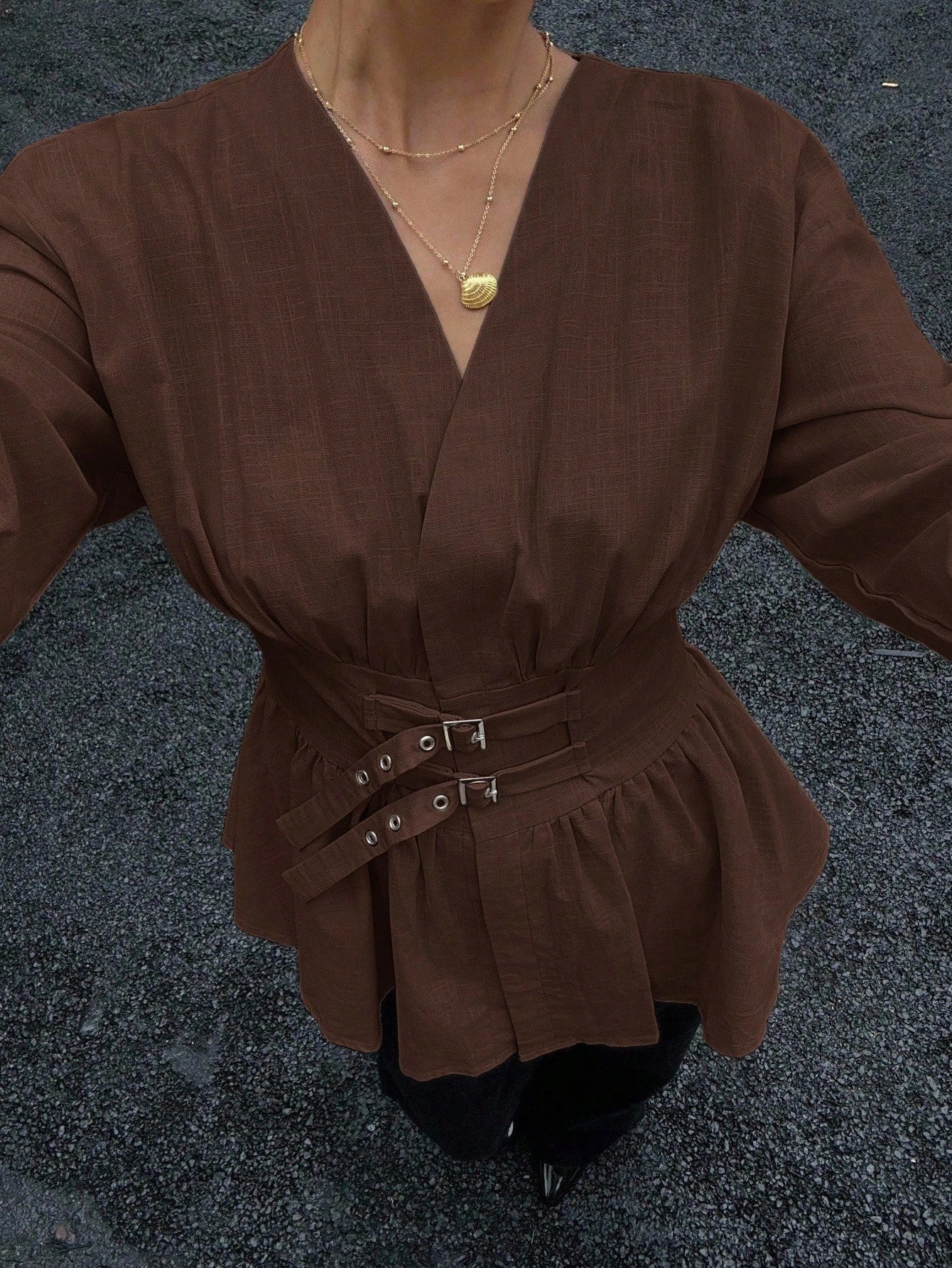 Siren Gaze Double-Breasted,Double-Cinched Waist Long Sleeve Shirt,Coffee Brown,Autumn Elegant Brunch Soft & Skin-Friendly Work Holiday Resort Top