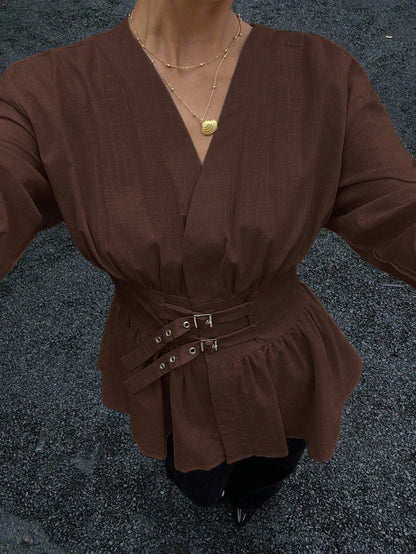 Siren Gaze Double-Breasted,Double-Cinched Waist Long Sleeve Shirt,Coffee Brown,Autumn Elegant Brunch Soft & Skin-Friendly Work Holiday Resort Top