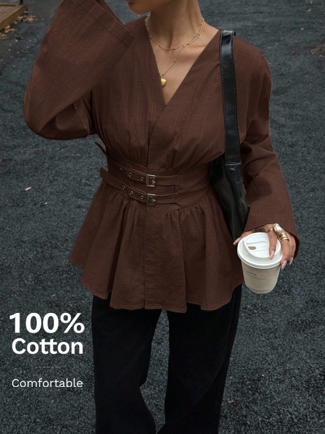 Siren Gaze Double-Breasted,Double-Cinched Waist Long Sleeve Shirt,Coffee Brown,Autumn Elegant Brunch Soft & Skin-Friendly Work Holiday Resort Top