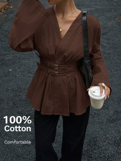 Siren Gaze Double-Breasted,Double-Cinched Waist Long Sleeve Shirt,Coffee Brown,Autumn Elegant Brunch Soft & Skin-Friendly Work Holiday Resort Top