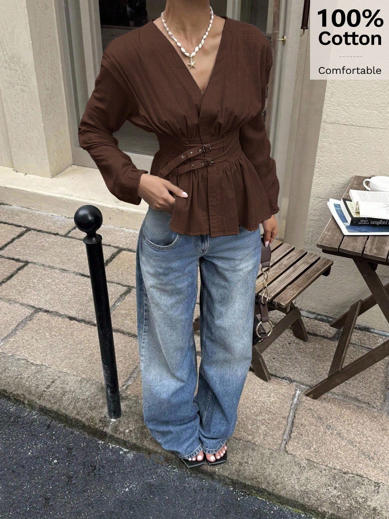 Siren Gaze Double-Breasted,Double-Cinched Waist Long Sleeve Shirt,Coffee Brown,Autumn Elegant Brunch Soft & Skin-Friendly Work Holiday Resort Top