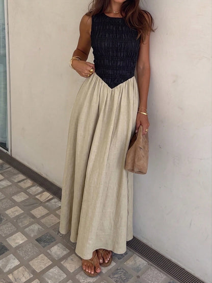 Siren Gaze Summer Elegant Sexy Tropical Jamaican Maxi Dress For Women, Sleeveless Round Neck Smocked Top Flowy Long Dress, Black And Beige Outfits