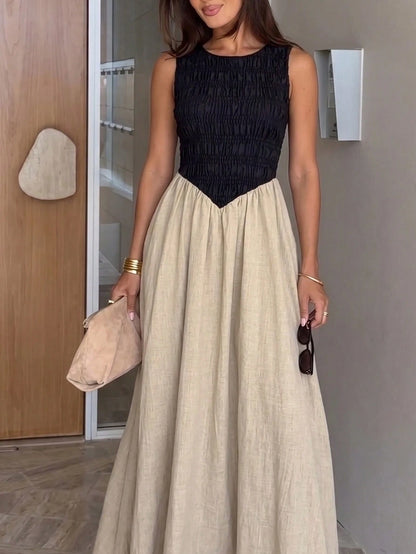 Siren Gaze Summer Elegant Sexy Tropical Jamaican Maxi Dress For Women, Sleeveless Round Neck Smocked Top Flowy Long Dress, Black And Beige Outfits