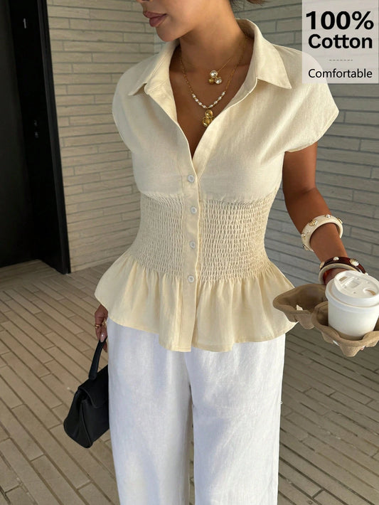 Siren Gaze Women's 100% Cotton Beige Summer Casual Brunch Blouse,Smocked Waist Button Down Shirt,Short Sleeve Ruffle Hem French Style Elegant Business Top