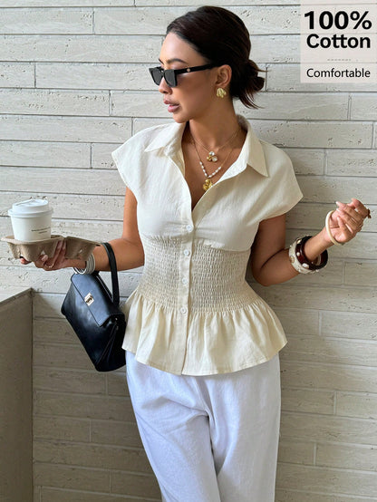 Siren Gaze Women's 100% Cotton Beige Summer Casual Brunch Blouse,Smocked Waist Button Down Shirt,Short Sleeve Ruffle Hem French Style Elegant Business Top