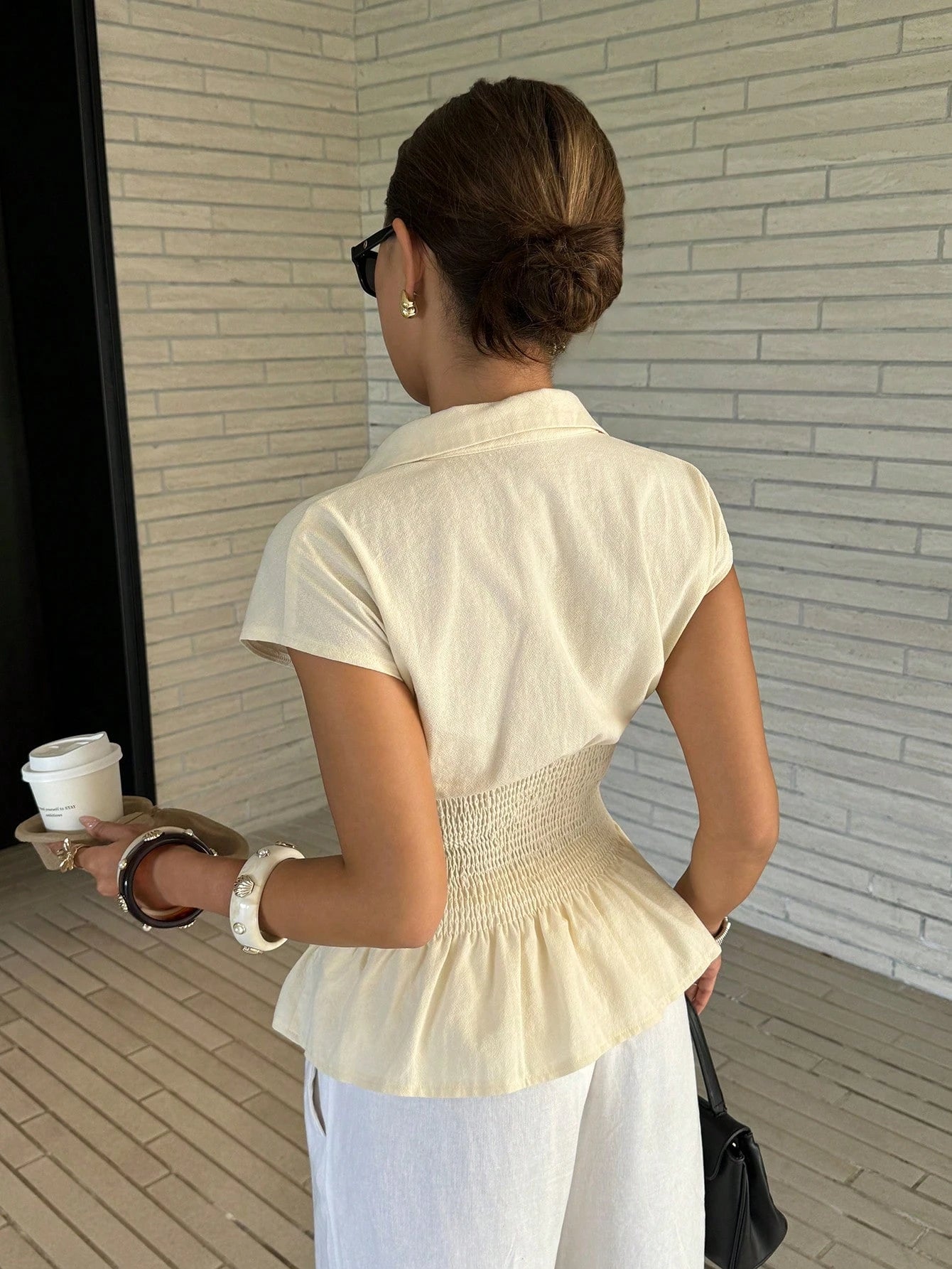 Siren Gaze Women's 100% Cotton Beige Summer Casual Brunch Blouse,Smocked Waist Button Down Shirt,Short Sleeve Ruffle Hem French Style Elegant Business Top