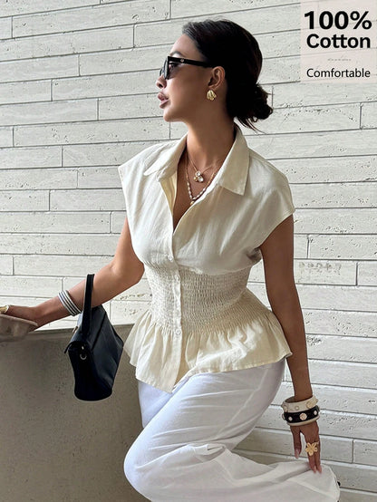 Siren Gaze Women's 100% Cotton Beige Summer Casual Brunch Blouse,Smocked Waist Button Down Shirt,Short Sleeve Ruffle Hem French Style Elegant Business Top