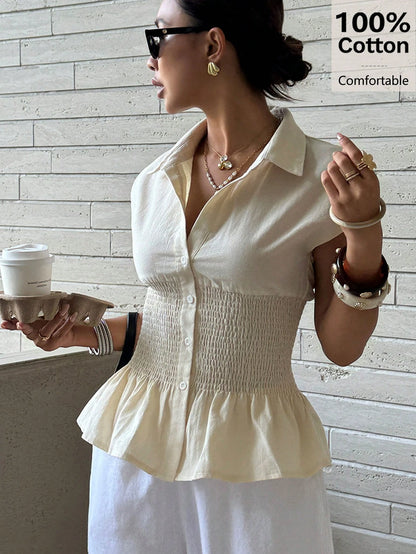 Siren Gaze Women's 100% Cotton Beige Summer Casual Brunch Blouse,Smocked Waist Button Down Shirt,Short Sleeve Ruffle Hem French Style Elegant Business Top