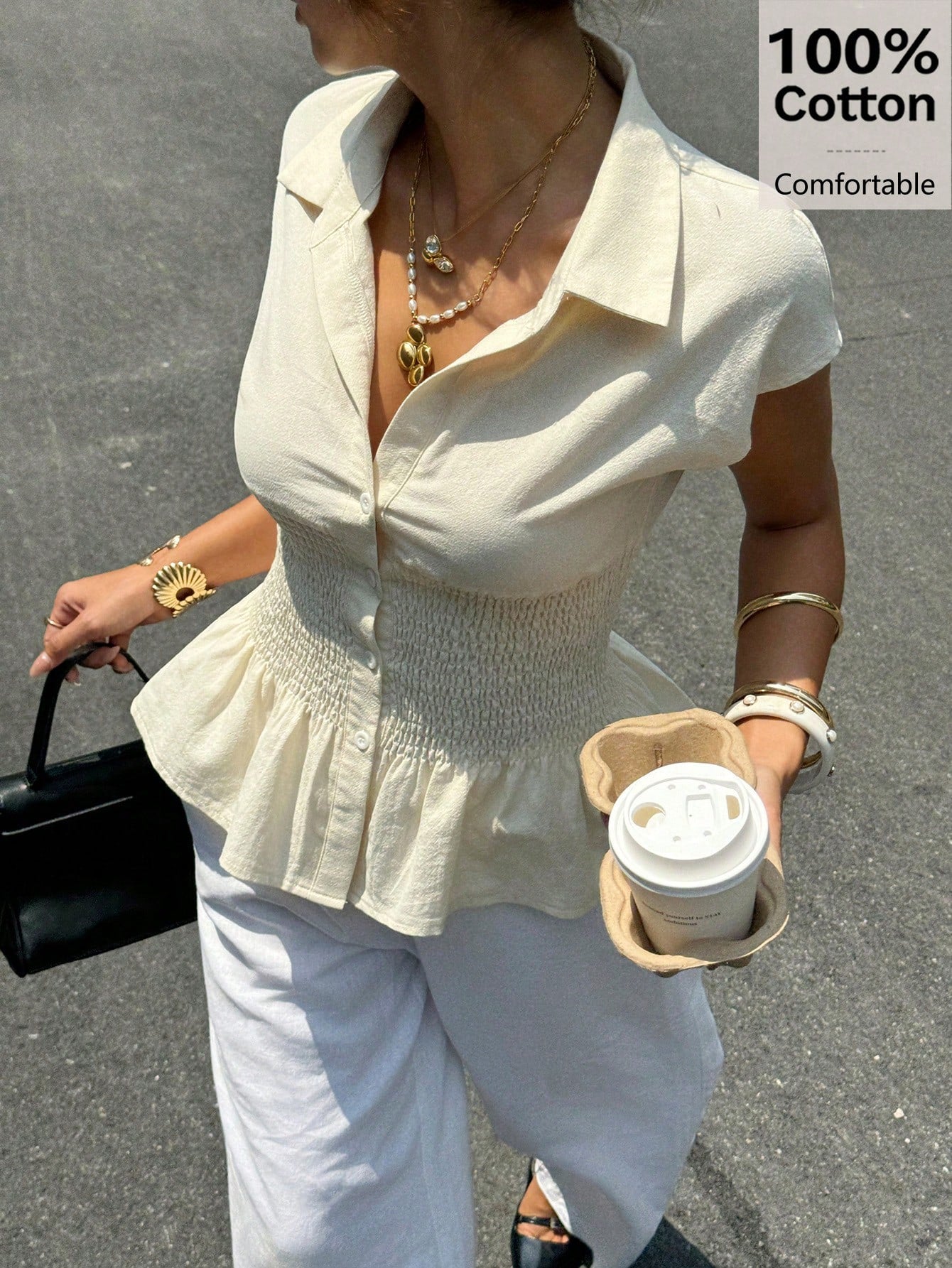 Siren Gaze Women's 100% Cotton Beige Summer Casual Brunch Blouse,Smocked Waist Button Down Shirt,Short Sleeve Ruffle Hem French Style Elegant Business Top