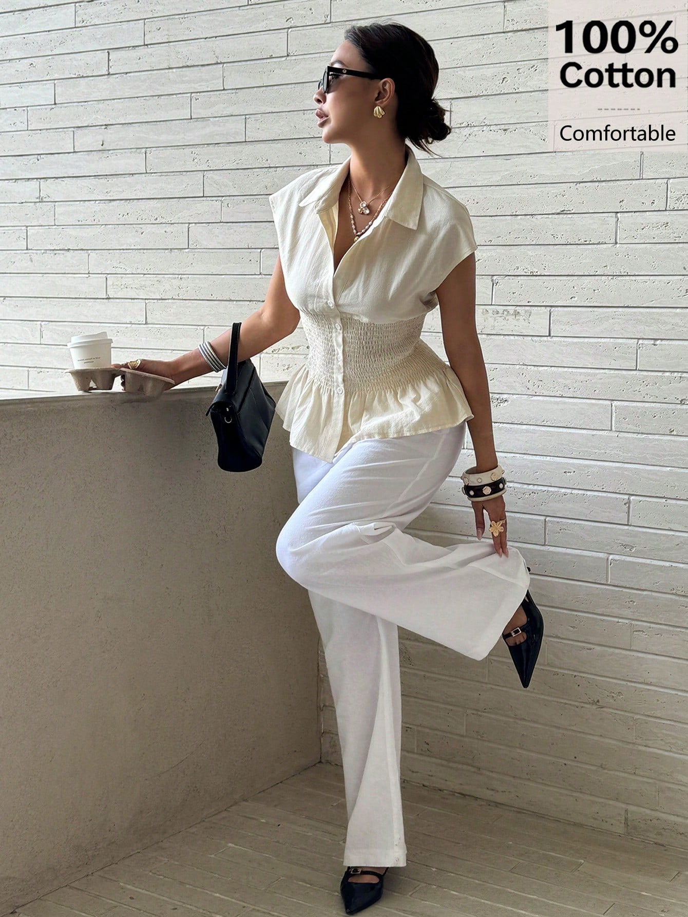 Siren Gaze Women's 100% Cotton Beige Summer Casual Brunch Blouse,Smocked Waist Button Down Shirt,Short Sleeve Ruffle Hem French Style Elegant Business Top