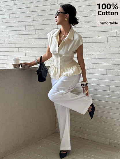 Siren Gaze Women's 100% Cotton Beige Summer Casual Brunch Blouse,Smocked Waist Button Down Shirt,Short Sleeve Ruffle Hem French Style Elegant Business Top