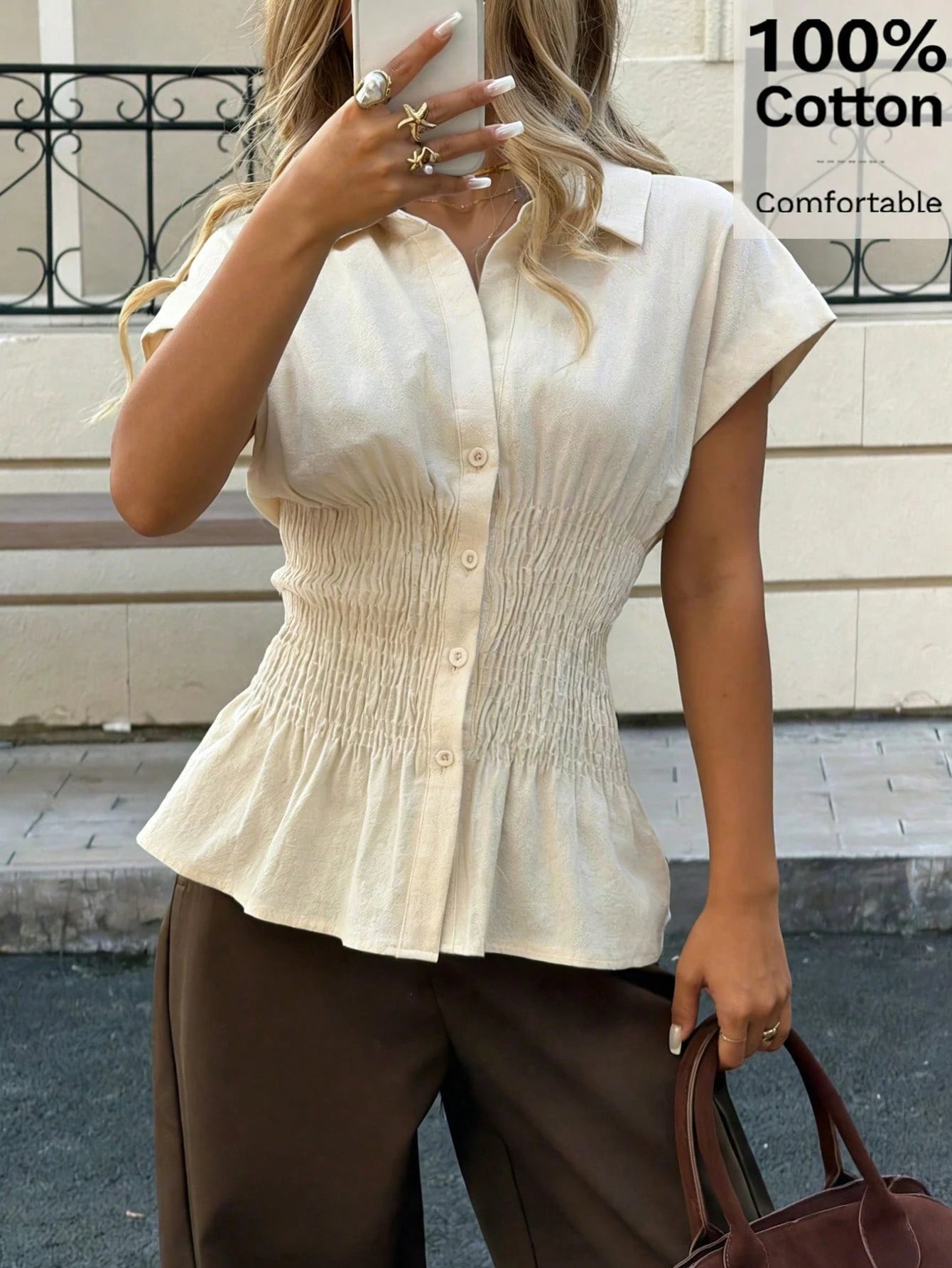 Siren Gaze Women's 100% Cotton Beige Summer Casual Brunch Blouse,Smocked Waist Button Down Shirt,Short Sleeve Ruffle Hem French Style Elegant Business Top