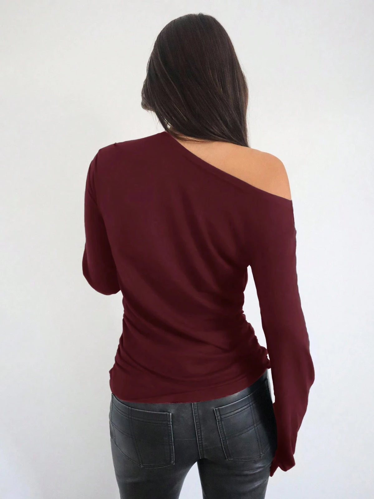 Siren Gaze Women's Casual Oblique Shoulder Ruched Waist Long Sleeve T-Shirt, Suitable For Autumn/Winter Christmas Red New Year New Year Party Burgundy