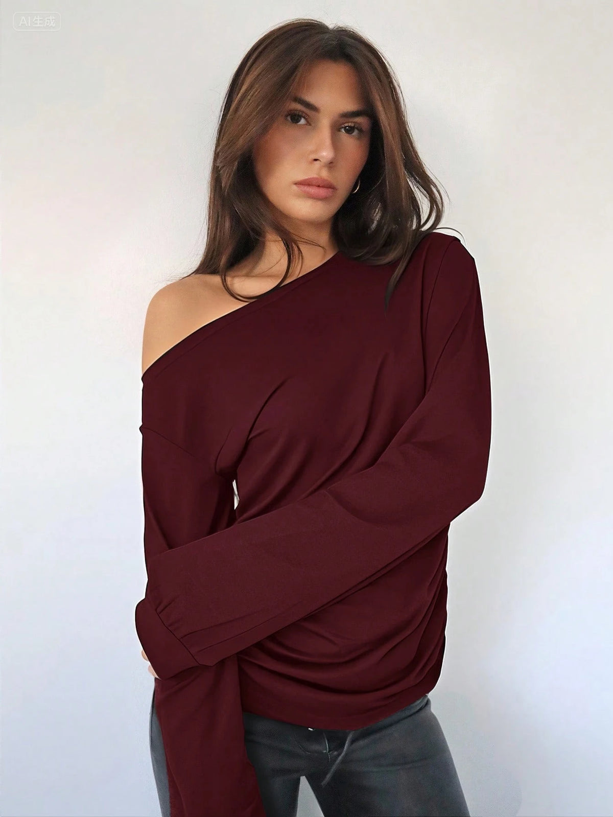 Siren Gaze Women's Casual Oblique Shoulder Ruched Waist Long Sleeve T-Shirt, Suitable For Autumn/Winter Christmas Red New Year New Year Party Burgundy