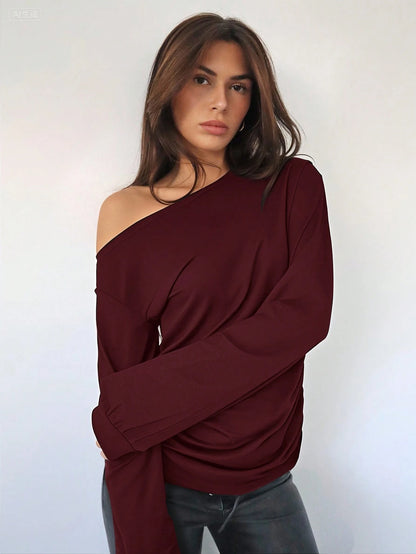Siren Gaze Women's Casual Oblique Shoulder Ruched Waist Long Sleeve T-Shirt, Suitable For Autumn/Winter Christmas Red New Year New Year Party Burgundy