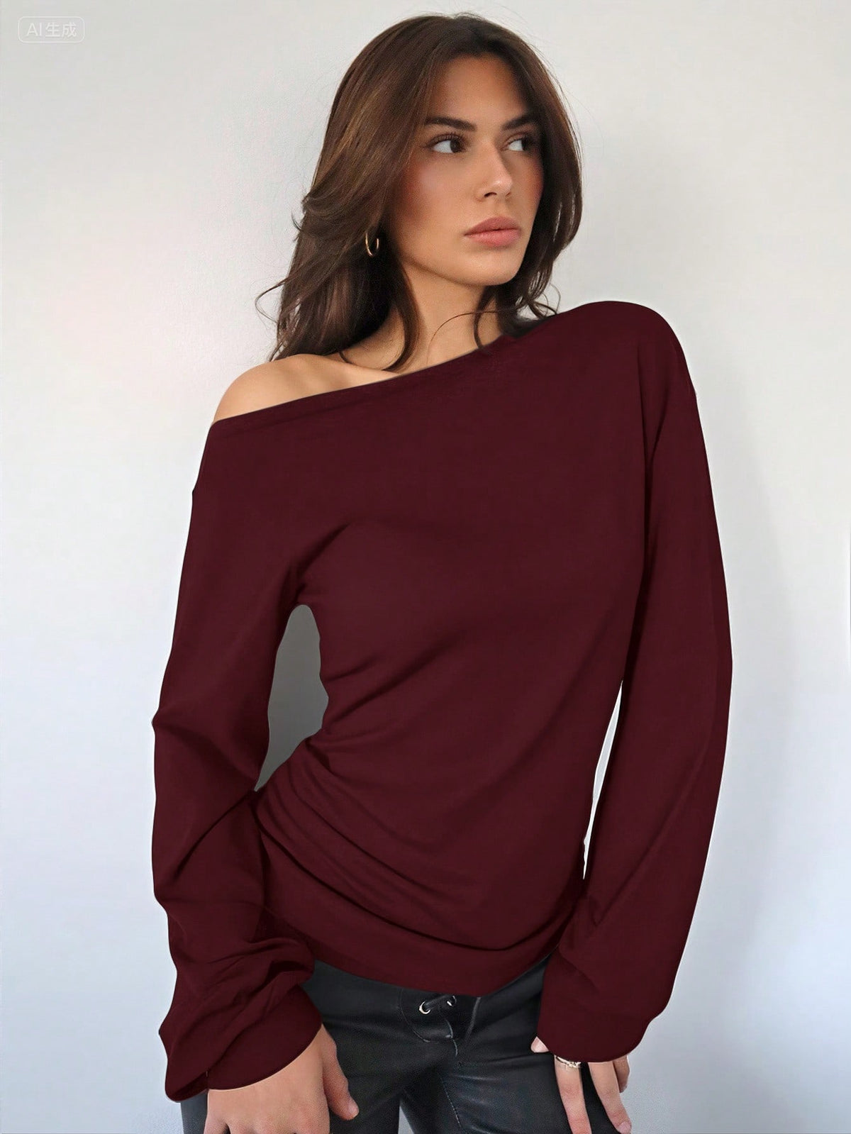 Siren Gaze Women's Casual Oblique Shoulder Ruched Waist Long Sleeve T-Shirt, Suitable For Autumn/Winter Christmas Red New Year New Year Party Burgundy