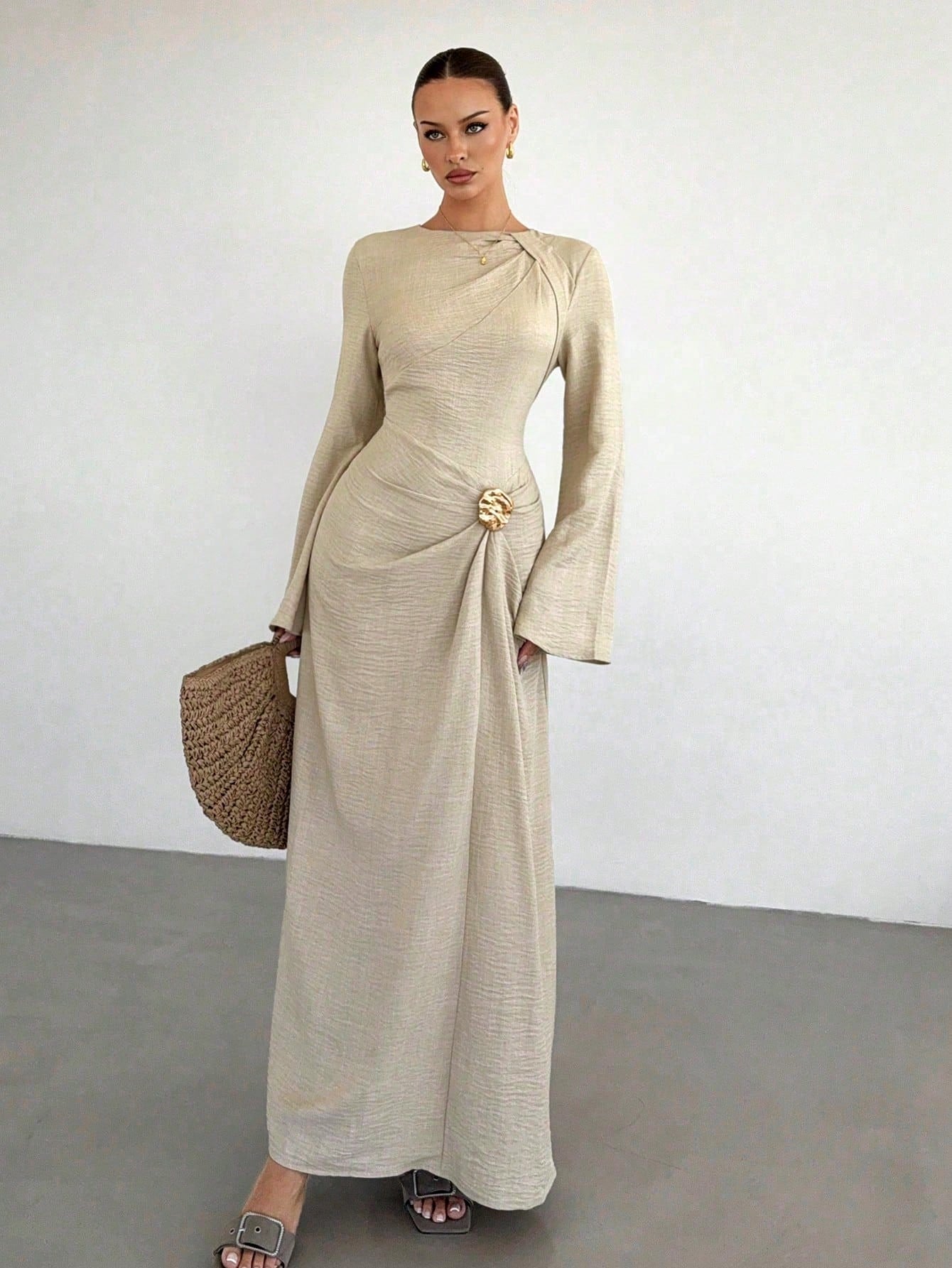 Siren Gaze Women's Elegant Beige Autumn Long Sleeve Dress,Twist Front Metal Buckle Decor Flare Sleeve Modest Maxi Dress For Dining,Formal Evening Party & Wedding