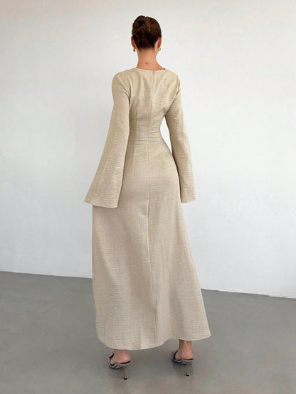 Siren Gaze Women's Elegant Beige Autumn Long Sleeve Dress,Twist Front Metal Buckle Decor Flare Sleeve Modest Maxi Dress For Dining,Formal Evening Party & Wedding