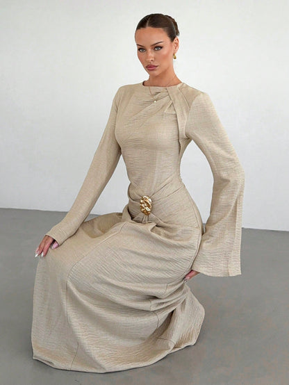 Siren Gaze Women's Elegant Beige Autumn Long Sleeve Dress,Twist Front Metal Buckle Decor Flare Sleeve Modest Maxi Dress For Dining,Formal Evening Party & Wedding