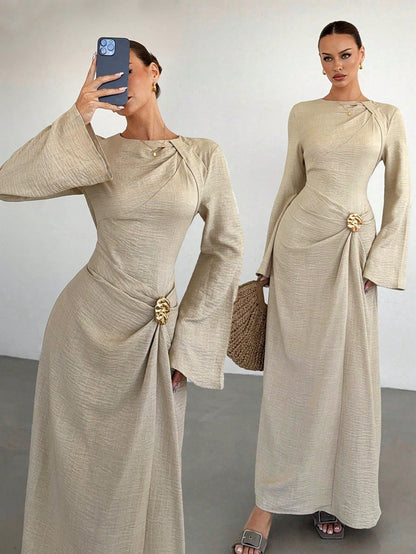 Siren Gaze Women's Elegant Beige Autumn Long Sleeve Dress,Twist Front Metal Buckle Decor Flare Sleeve Modest Maxi Dress For Dining,Formal Evening Party & Wedding