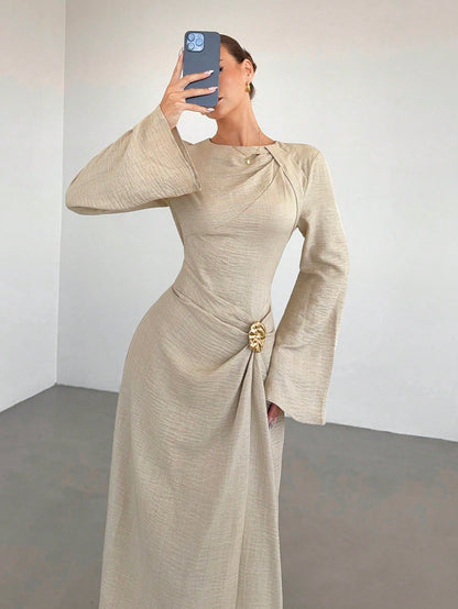Siren Gaze Women's Elegant Beige Autumn Long Sleeve Dress,Twist Front Metal Buckle Decor Flare Sleeve Modest Maxi Dress For Dining,Formal Evening Party & Wedding