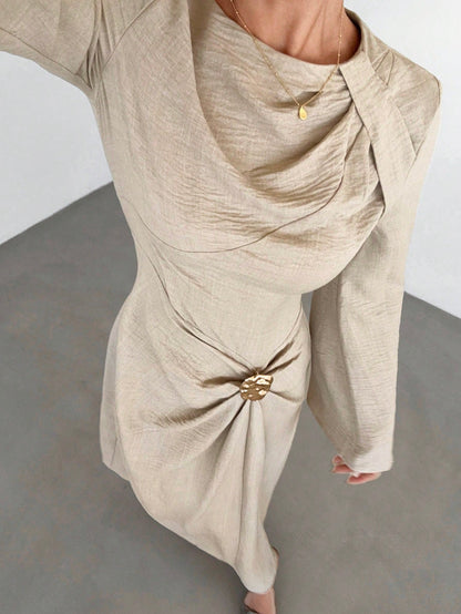Siren Gaze Women's Elegant Beige Autumn Long Sleeve Dress,Twist Front Metal Buckle Decor Flare Sleeve Modest Maxi Dress For Dining,Formal Evening Party & Wedding