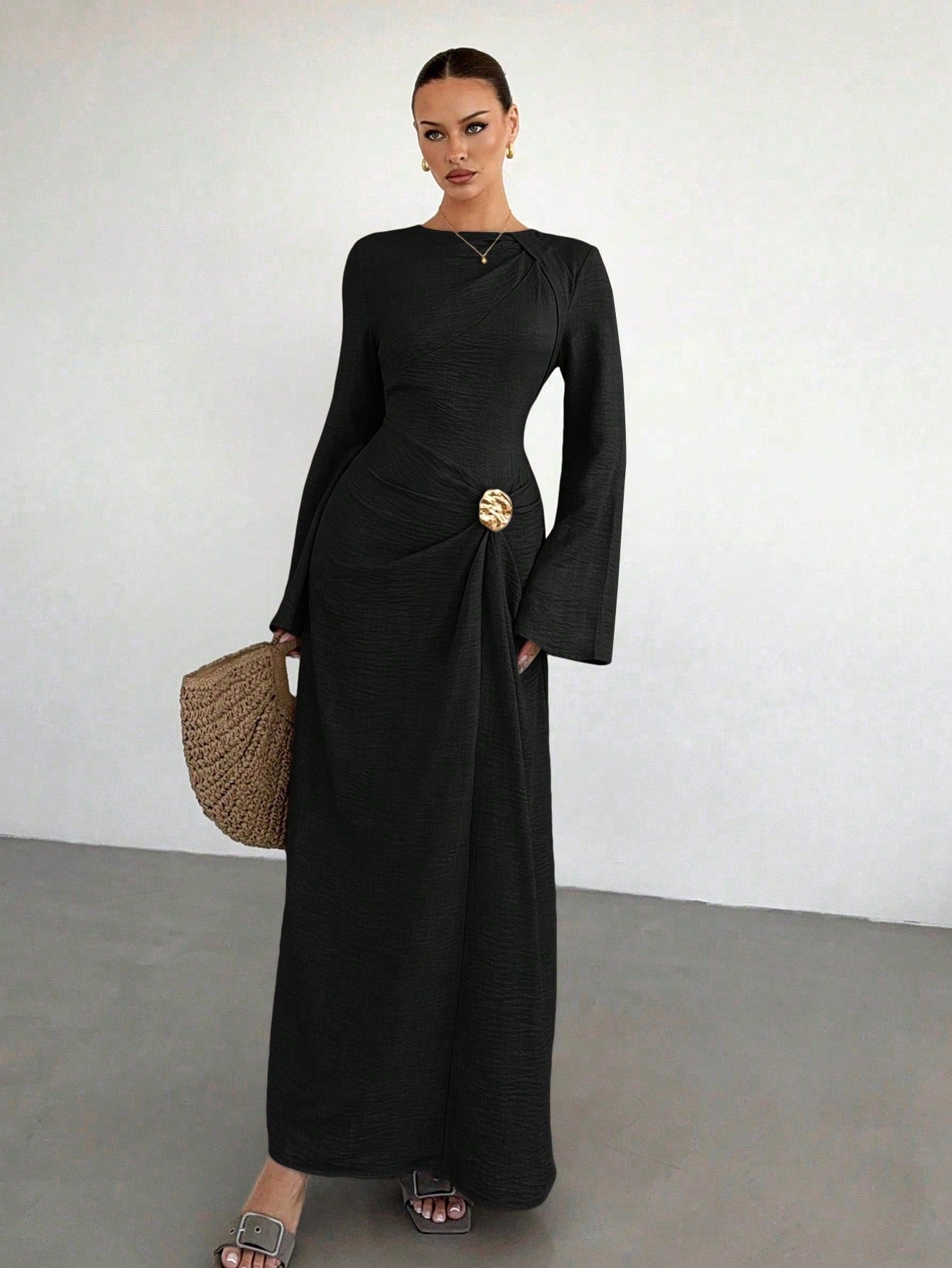 Siren Gaze Women's Elegant Beige Autumn Long Sleeve Dress,Twist Front Metal Buckle Decor Flare Sleeve Modest Maxi Dress For Dining,Formal Evening Party & Wedding