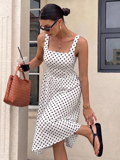 Siren Gaze Women's Mid-Length Dress, Casual Minimalist Vintage Elegant Commute Versatile, Polka Dot Dress, Commute Dress, Black And White Polka Dot Print Pattern, Beach Outfit, Vacation Outfit, Women'