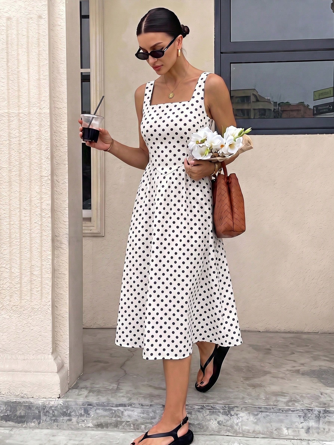 Siren Gaze Women's Mid-Length Dress, Casual Minimalist Vintage Elegant Commute Versatile, Polka Dot Dress, Commute Dress, Black And White Polka Dot Print Pattern, Beach Outfit, Vacation Outfit, Women'
