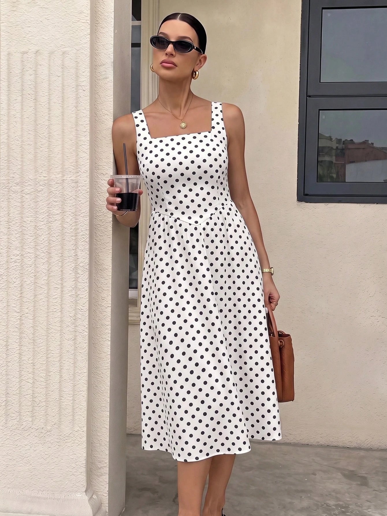Siren Gaze Women's Mid-Length Dress, Casual Minimalist Vintage Elegant Commute Versatile, Polka Dot Dress, Commute Dress, Black And White Polka Dot Print Pattern, Beach Outfit, Vacation Outfit, Women'