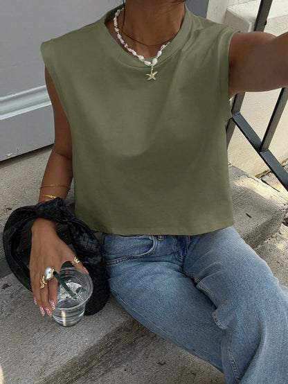 Siren Gaze Women's Solid Color Round Neck Loose Cropped Tank Top