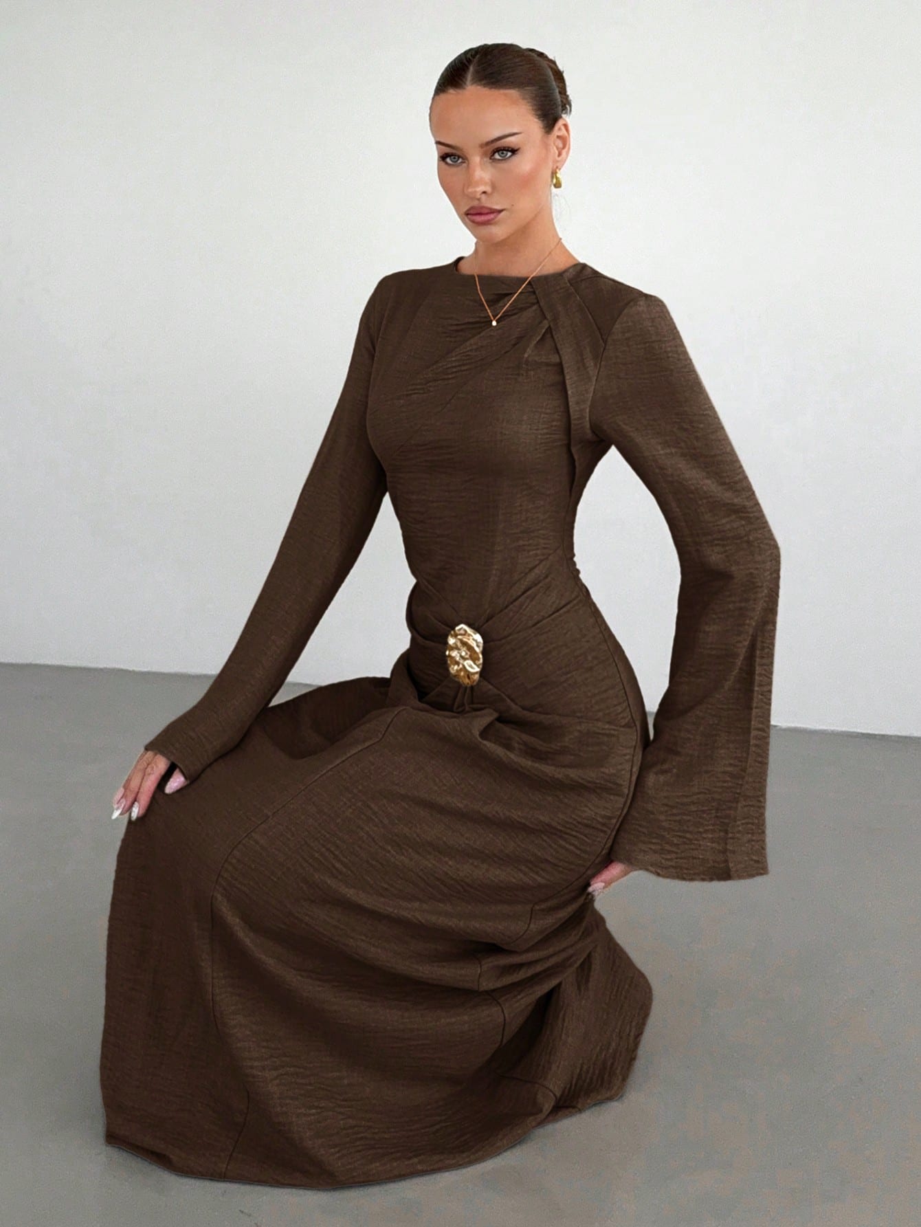 Siren Gaze Women's Twist Detail Front Metal Buckle Coffee Brown Flare Long Sleeve Maxi Dress,Ladies' Wedding Guest,Autumn Elegant Dining Winter Formal Dress