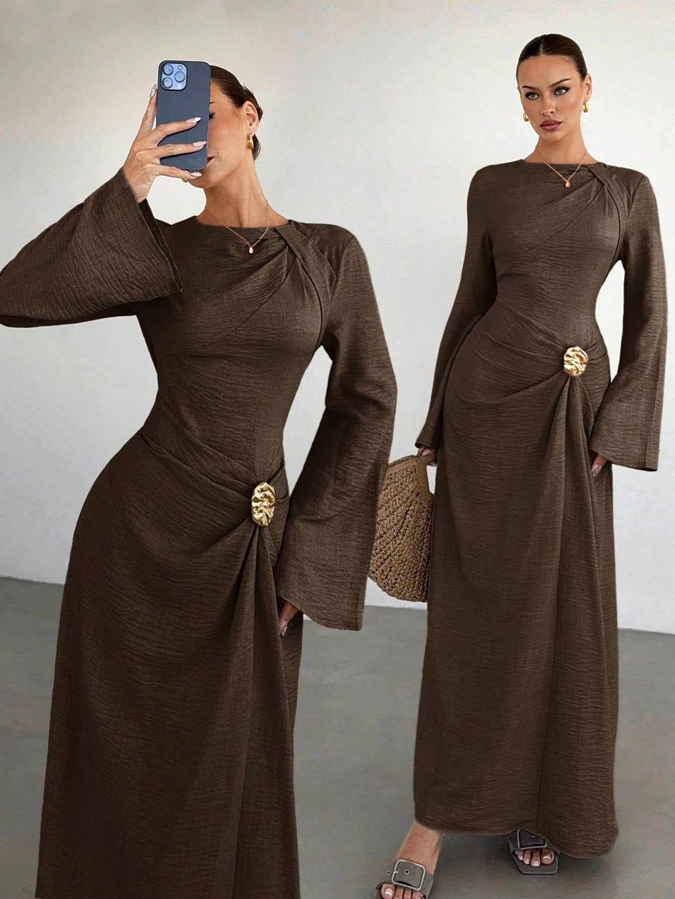 Siren Gaze Women's Twist Detail Front Metal Buckle Coffee Brown Flare Long Sleeve Maxi Dress,Ladies' Wedding Guest,Autumn Elegant Dining Winter Formal Dress
