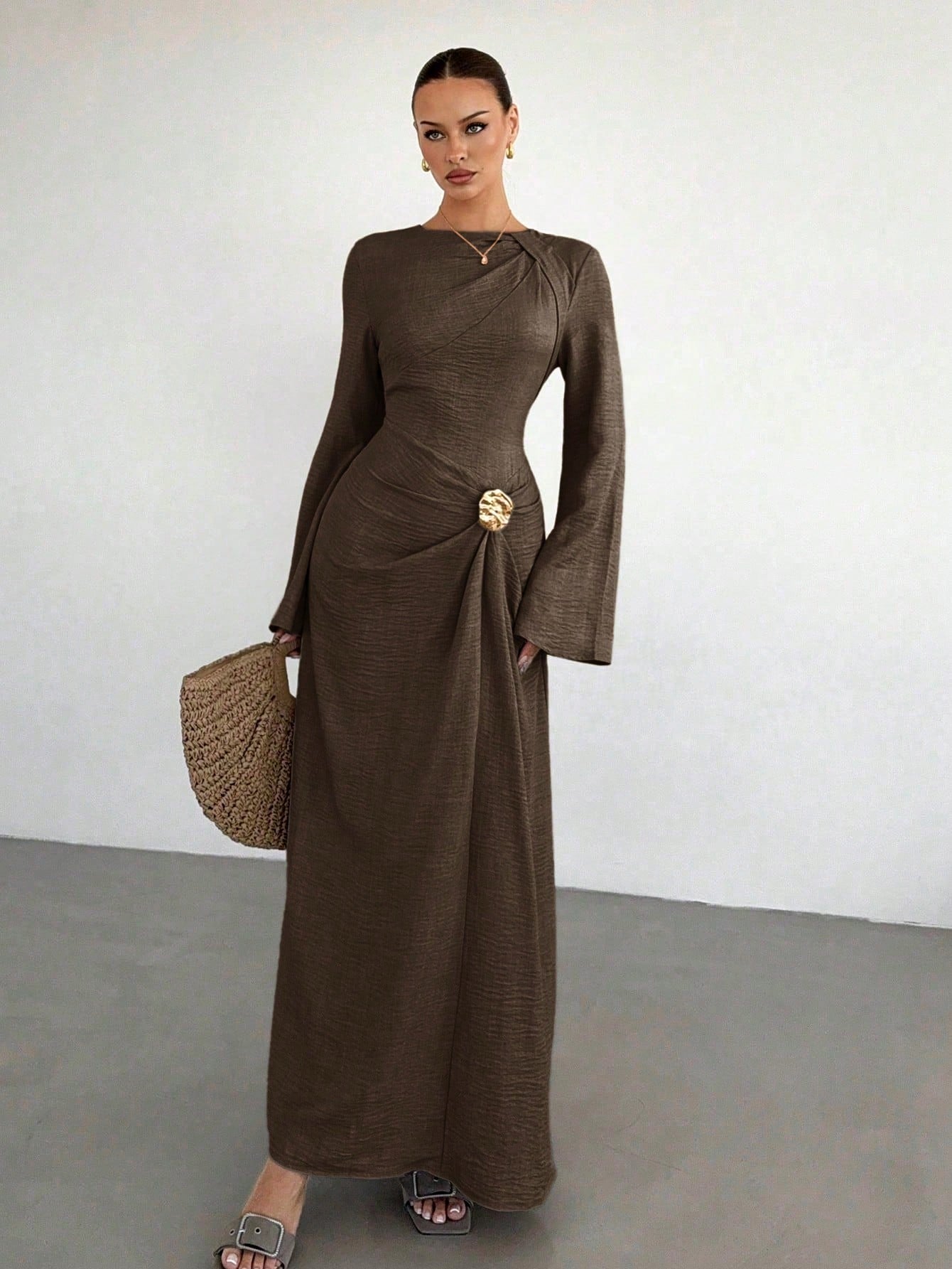Siren Gaze Women's Twist Detail Front Metal Buckle Coffee Brown Flare Long Sleeve Maxi Dress,Ladies' Wedding Guest,Autumn Elegant Dining Winter Formal Dress