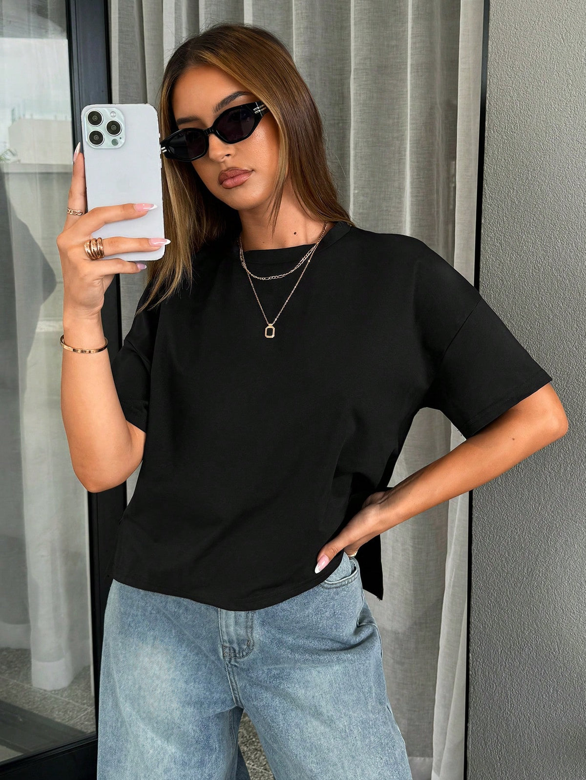 Siren Gaze Women Simple Basic Short Front Long Back T-Shirt Black Summer Casual