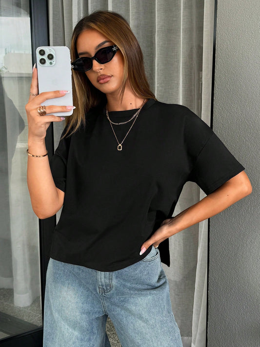 Siren Gaze Women Simple Basic Short Front Long Back T-Shirt Black Summer Casual