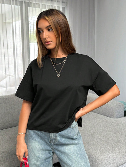 Siren Gaze Women Simple Basic Short Front Long Back T-Shirt Black Summer Casual