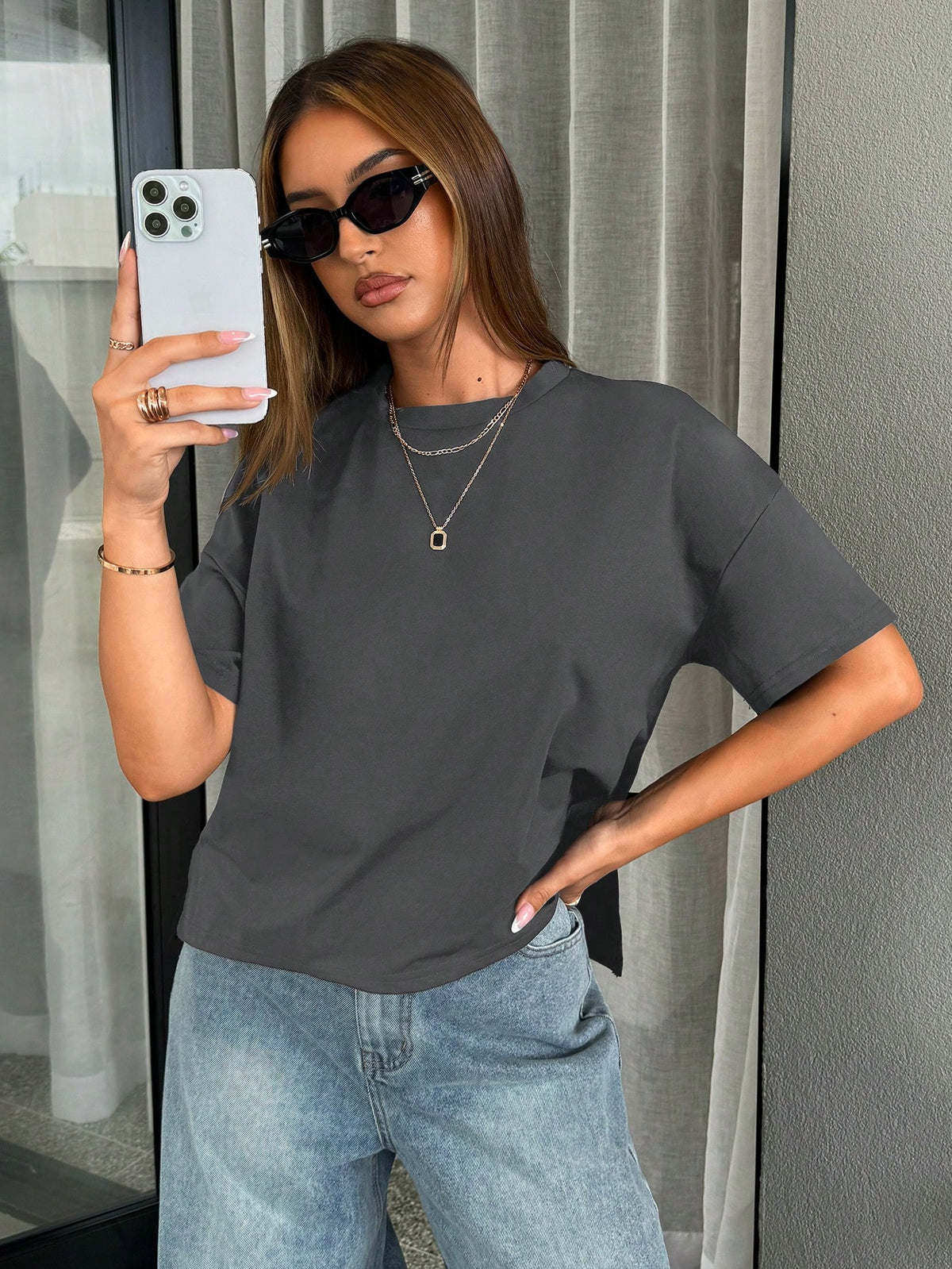 Siren Gaze Women Simple Basic Short Front Long Back T-Shirt Black Summer Casual