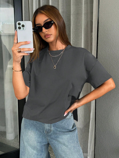 Siren Gaze Women Simple Basic Short Front Long Back T-Shirt Black Summer Casual