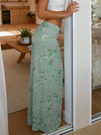 SkirtsWomen Summer Skirt Casual Elegant Sequin Floral Embroidery Long Skirt For Beach Vacation Club Streetwear