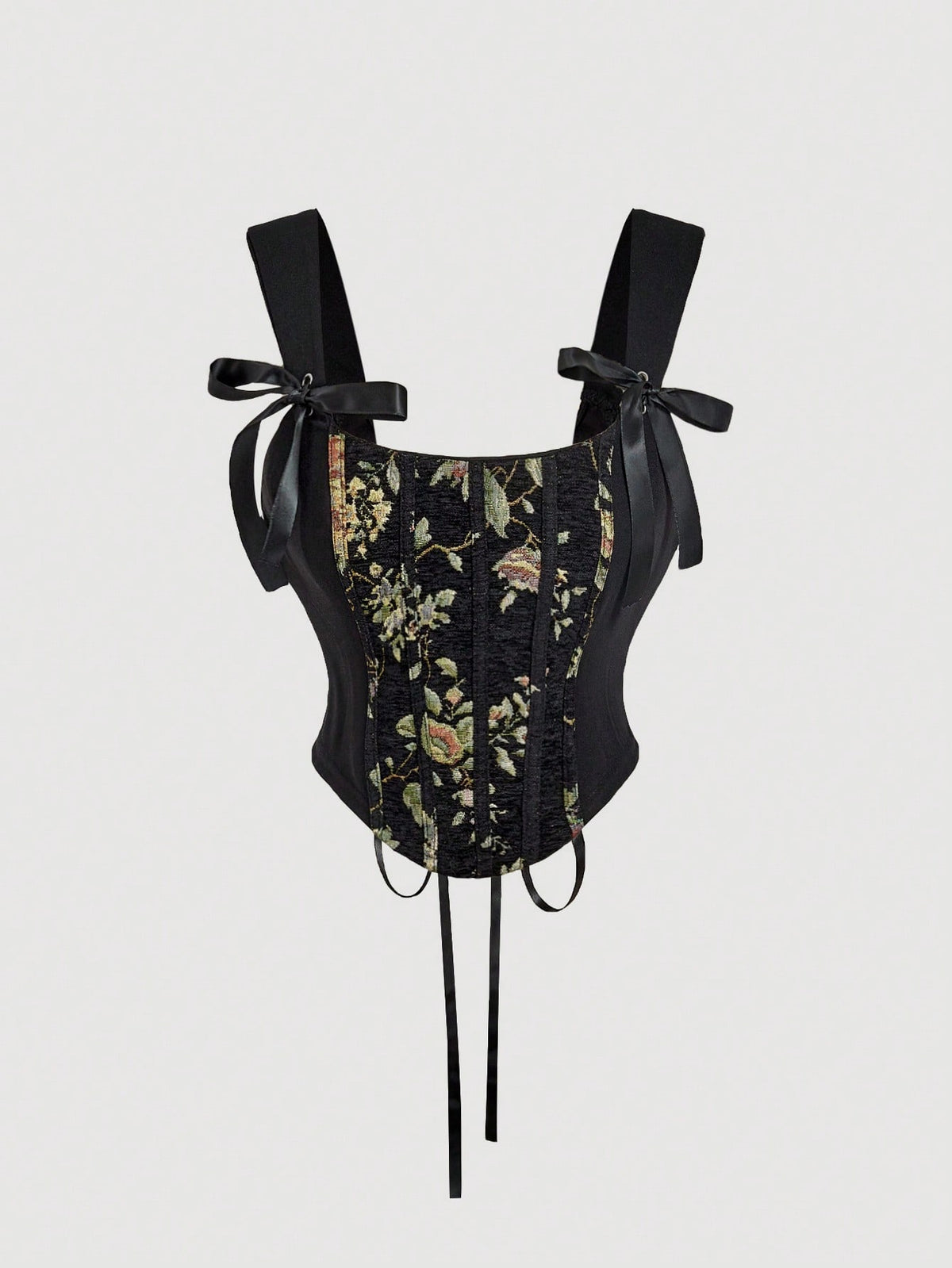 Skyraze Vintage Black Jacquard Lace-Up Front Bowknot Bustier Crop Top, Valentine's Day, Valentine For Women, Carnival, 70S, Retro, Corset
