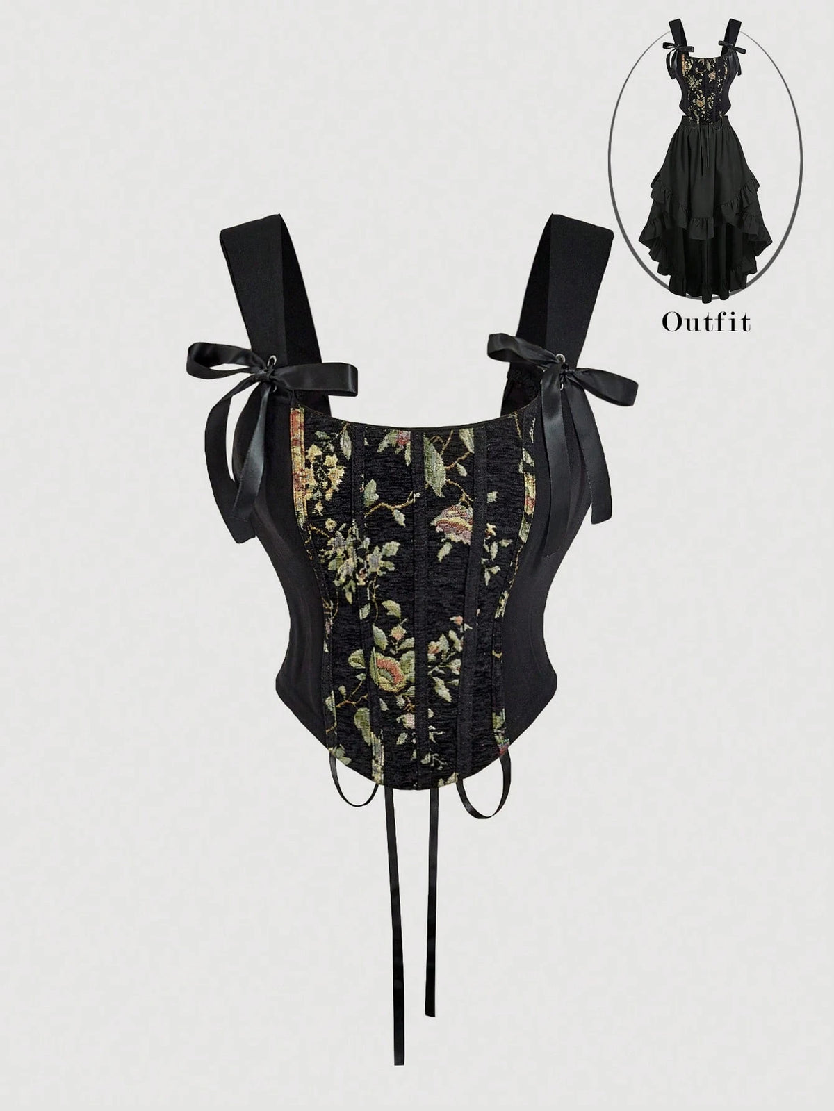 Skyraze Vintage Black Jacquard Lace-Up Front Bowknot Bustier Crop Top, Valentine's Day, Valentine For Women, Carnival, 70S, Retro, Corset