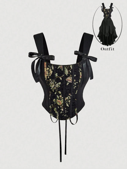 Skyraze Vintage Black Jacquard Lace-Up Front Bowknot Bustier Crop Top, Valentine's Day, Valentine For Women, Carnival, 70S, Retro, Corset
