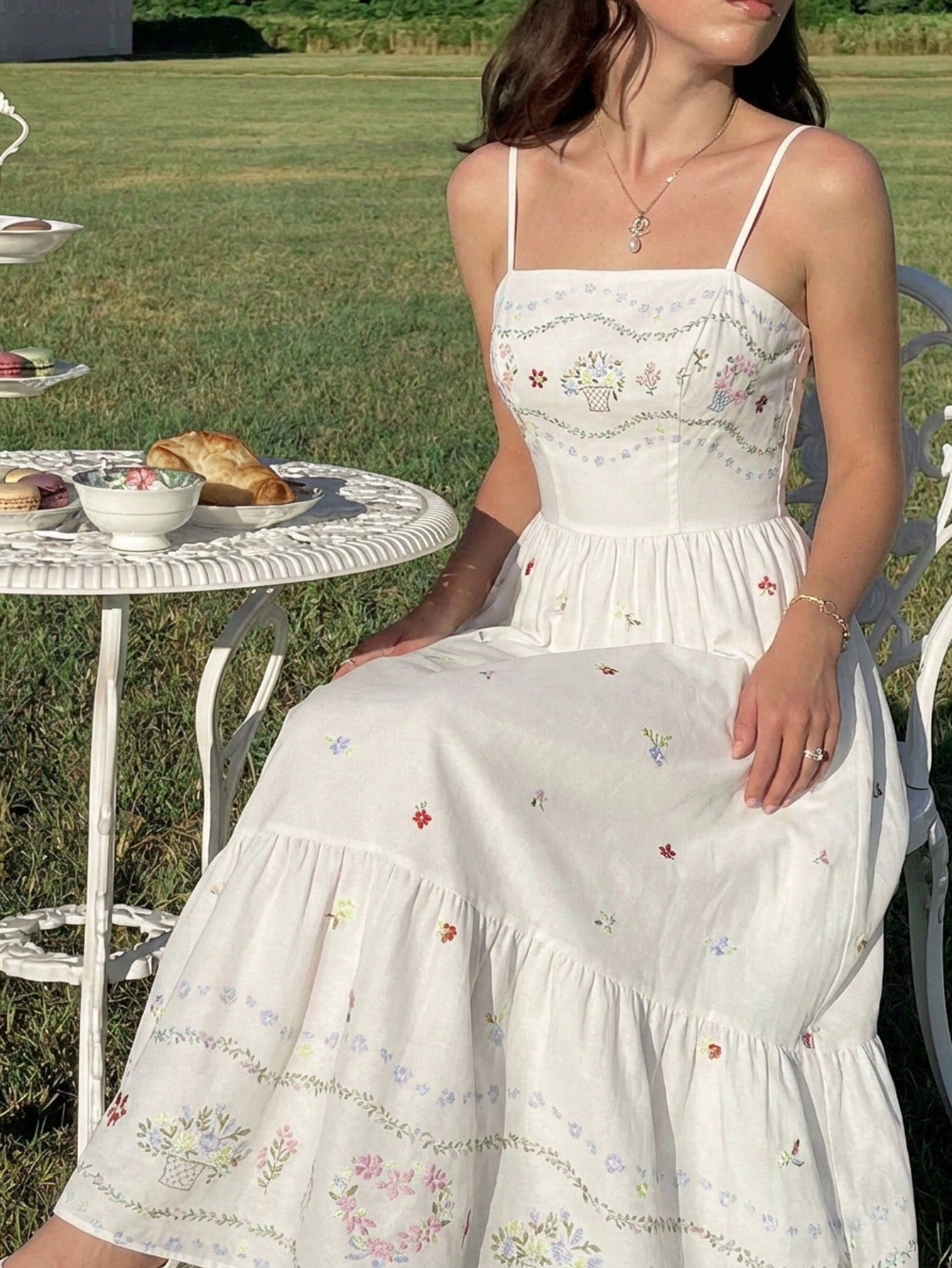 Skyraze Women's Elegant Modest Matching White Floral Print Summer Maxi Dress, Ruffle Hem Wildflower Garden Party Vacation Picnic Outfit, Wedding Guest Dress