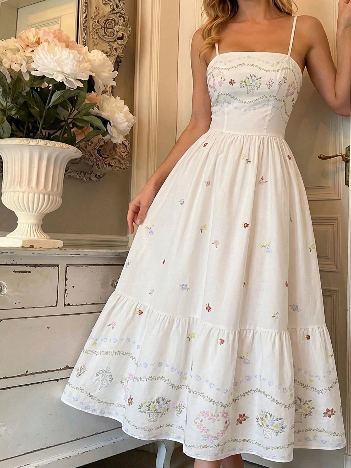 Skyraze Women's Elegant Modest Matching White Floral Print Summer Maxi Dress, Ruffle Hem Wildflower Garden Party Vacation Picnic Outfit, Wedding Guest Dress