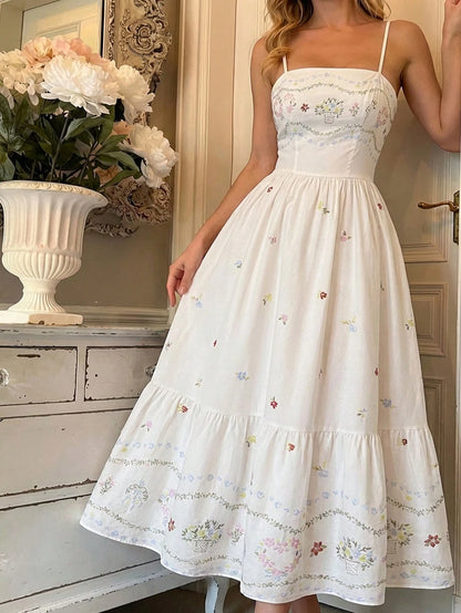 Skyraze Women's Elegant Modest Matching White Floral Print Summer Maxi Dress, Ruffle Hem Wildflower Garden Party Vacation Picnic Outfit, Wedding Guest Dress